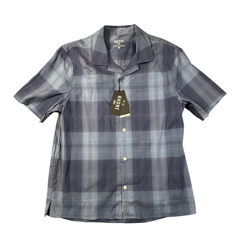 NWT Rhone Men's Short Sleeve Camp Collar Shirt SZ M Blue Plaid